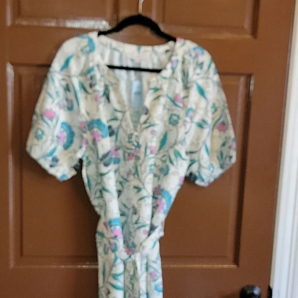 Loft-Linen iv, teal pink, print dress. Short sleeves. XLP. NWT.